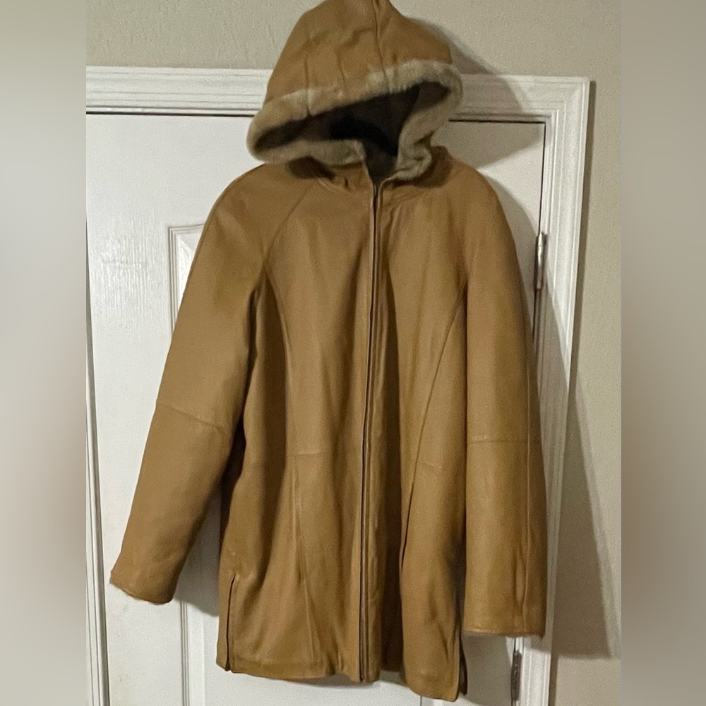 Vintage FitzWright Women's Tan Hooded leather Coat size L